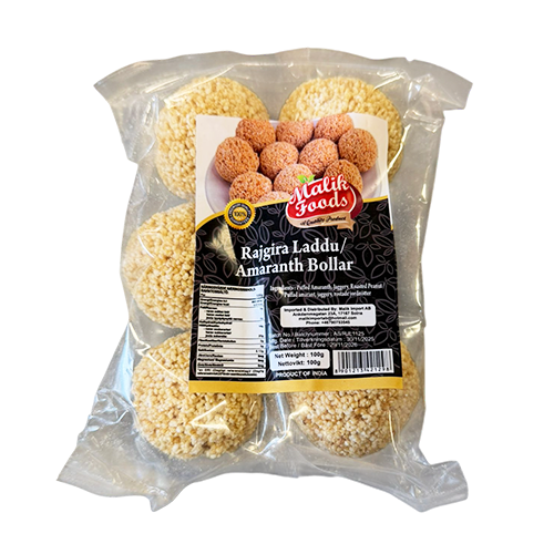 transparent recatngle pack of Malik Foods Rajgira Laddu 100g | Ideal Indiska LIVS