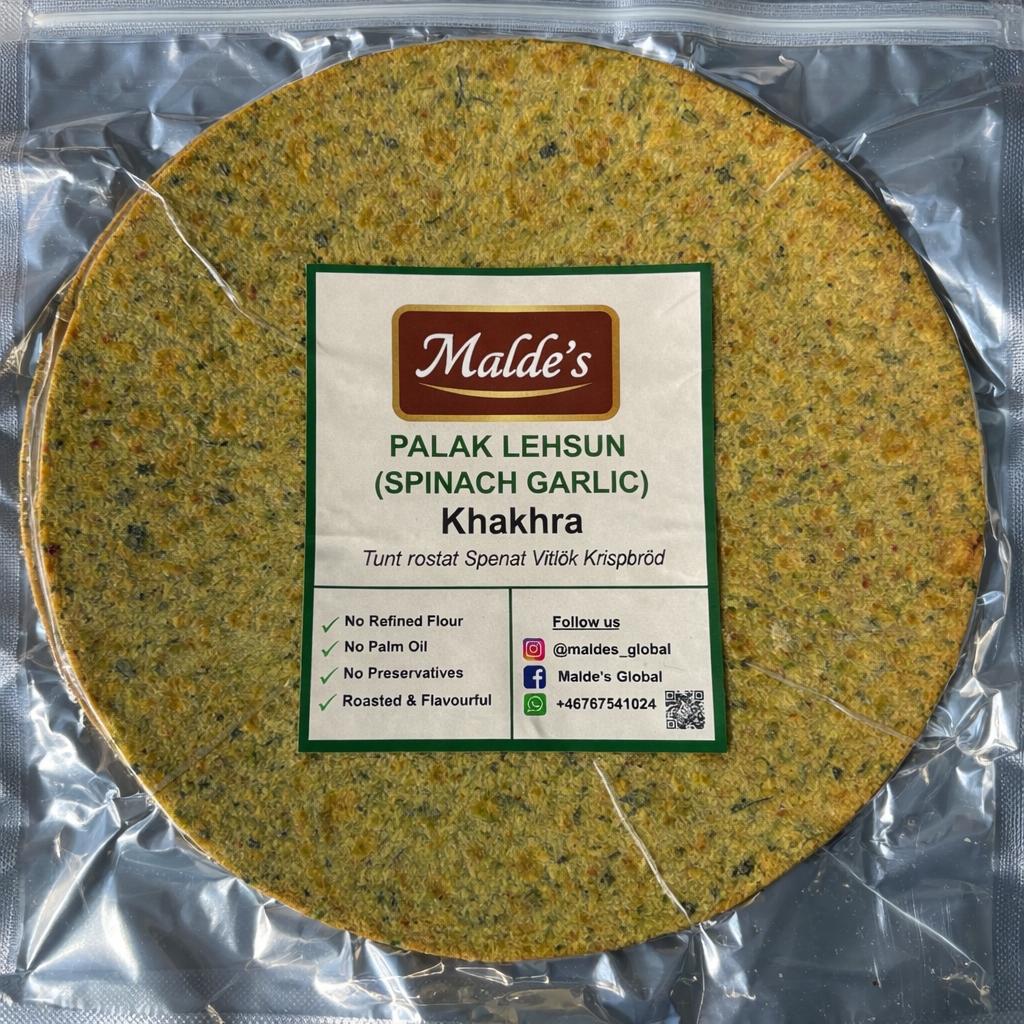 Malde's Palak Lehsun (Spinach Garlic) Khakhra 200g - Gujarati Whole Wheat Crispbread | Ideal Indiska LIVS