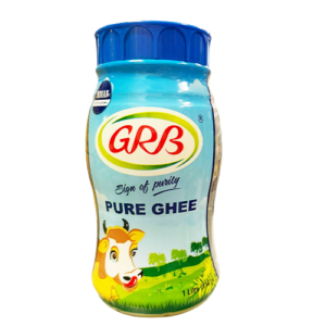 plastic bottle of GRB Ghee 1 Liter with blue lid packing