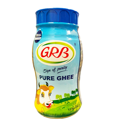 plastic bottle of GRB Ghee 1 Liter with blue lid packing | Ideal Indiska LIVS