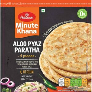 Black orange rectangle packing of Aloo payaz paratha by Haldiram's in 400g .
