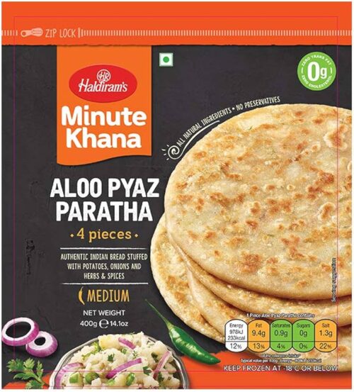 Black orange rectangle packing of Aloo payaz paratha by Haldiram's in 400g . | Ideal Indiska LIVS