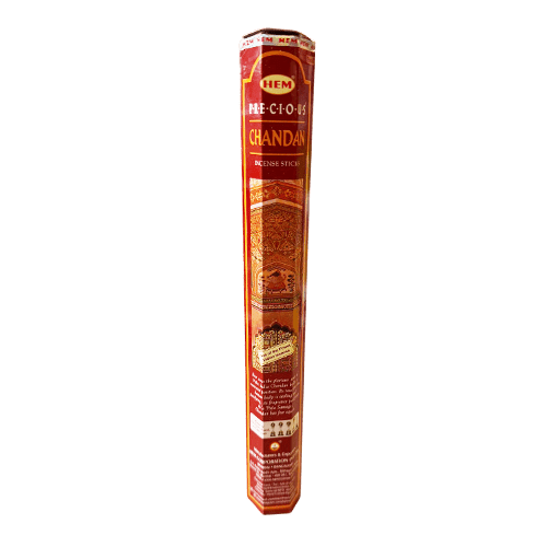 A hexagonal red and gold package of HEM chandan incense sticks on a solid transparent background. | Ideal Indiska LIVS