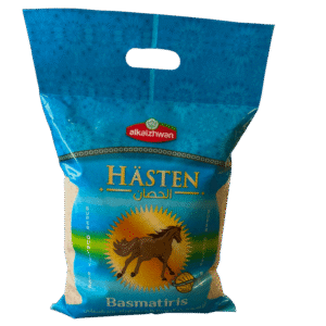 Hasten Basmatiris 5kg in rectangle turquoise color packing