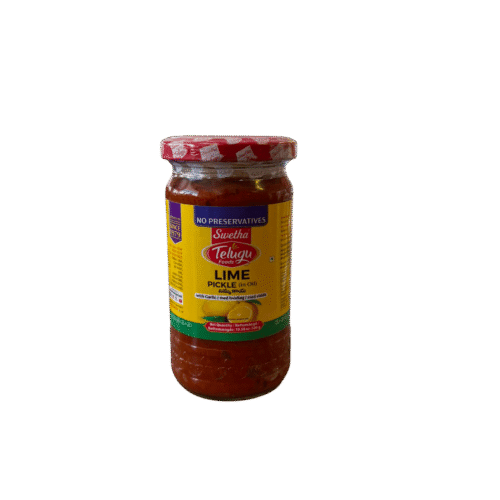 Swetha Telugu Foods Lime in Oil Pickle (With Garlic) 300g in glass bottle packing