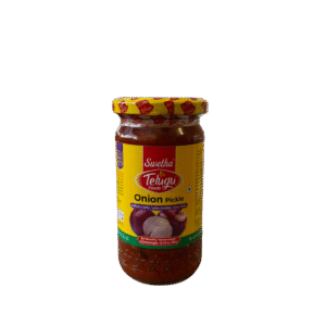round glass bottle of Swetha Telugu Foods Onion Pickle 300g